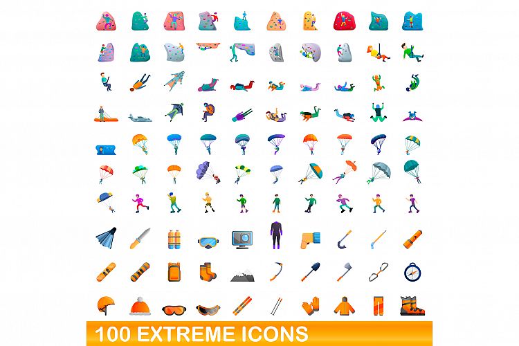 100 extreme icons set, cartoon style