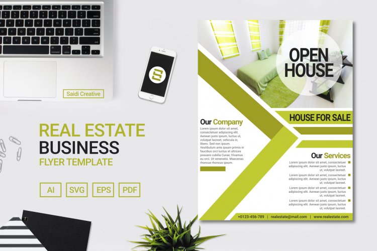 Real Estate Business Flyer Template Design with Green Colour