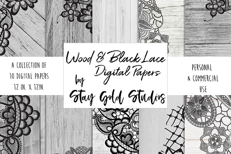 Wood & Black Lace Digital Papers