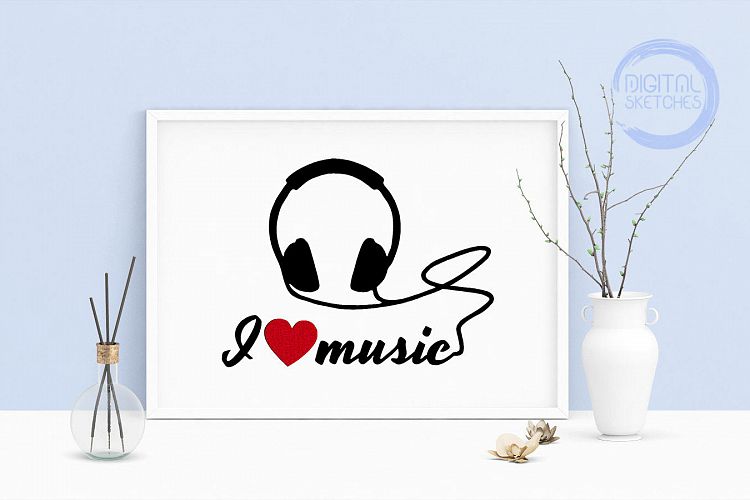 Machine Embroidery Design Saying I Love Music Headphones