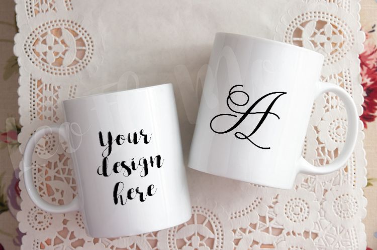 Two white coffee mug mock up, valentines mug mockup, cup template, design display mugs rustic background photo PSD