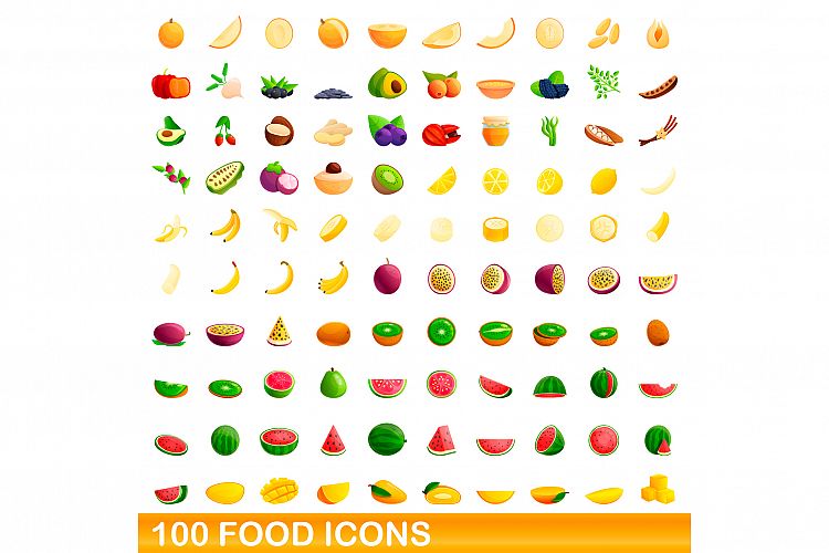 100 food icons set, cartoon style example image 1