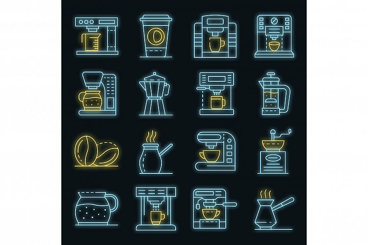 Coffee maker icons set vector neon example image 1