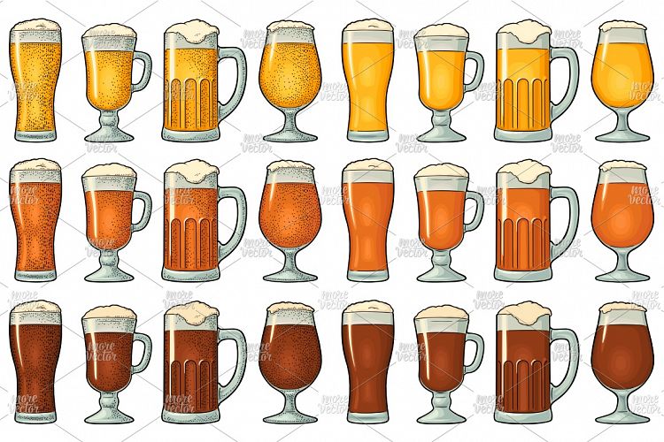 Four different glasses with three types beer engraving