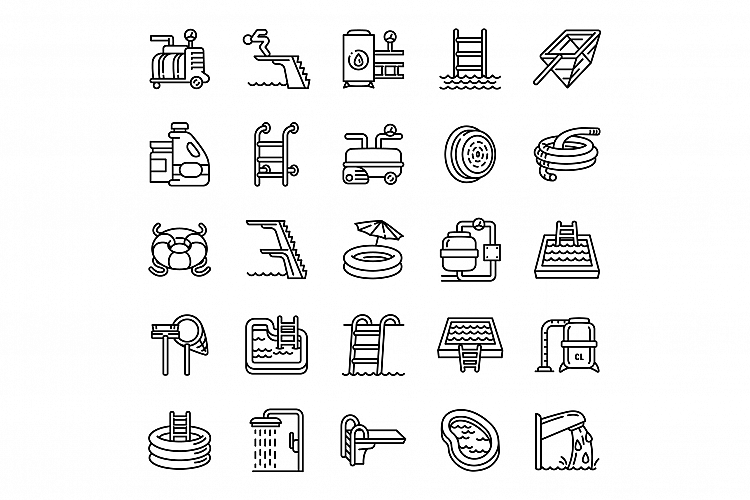 Pool equipment icons set, outline style example image 1