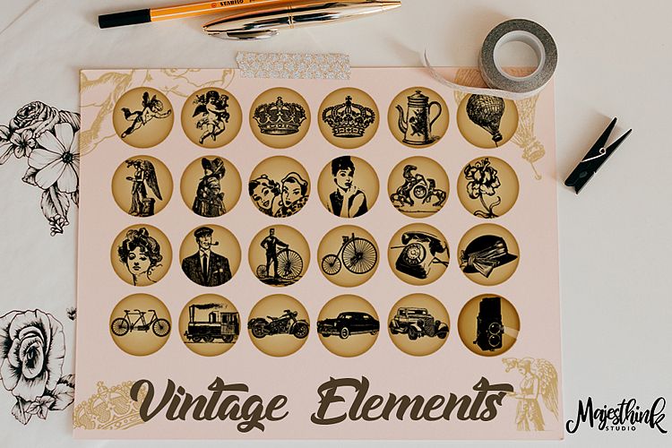 Vintage Elements Collage Sheet -  with classic cupid angel printables Scrapbooking,bottle caps