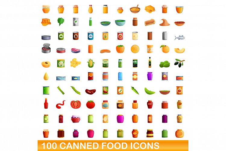 100 canned food icons set, cartoon style example image 1