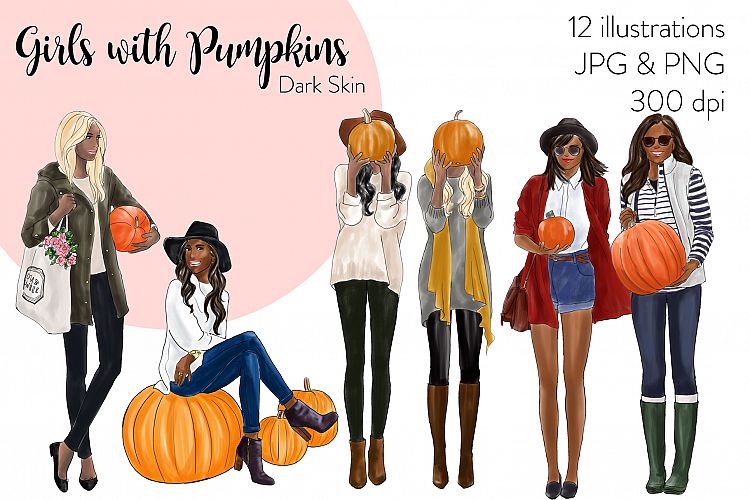 Fashion illustration clipart-Girls with Pumpkins - Dark Skin