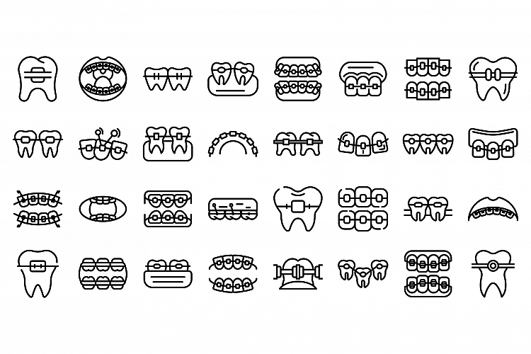Tooth braces icons set, outline style example image 1