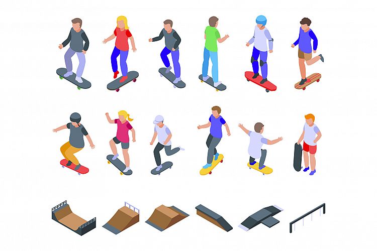 Children skateboarding icons set, isometric style example image 1