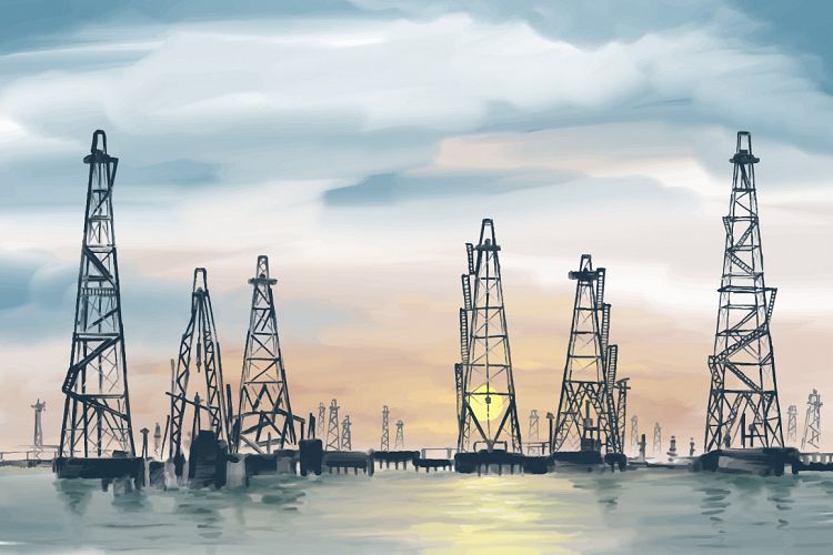 hand painting sea oil fields vector