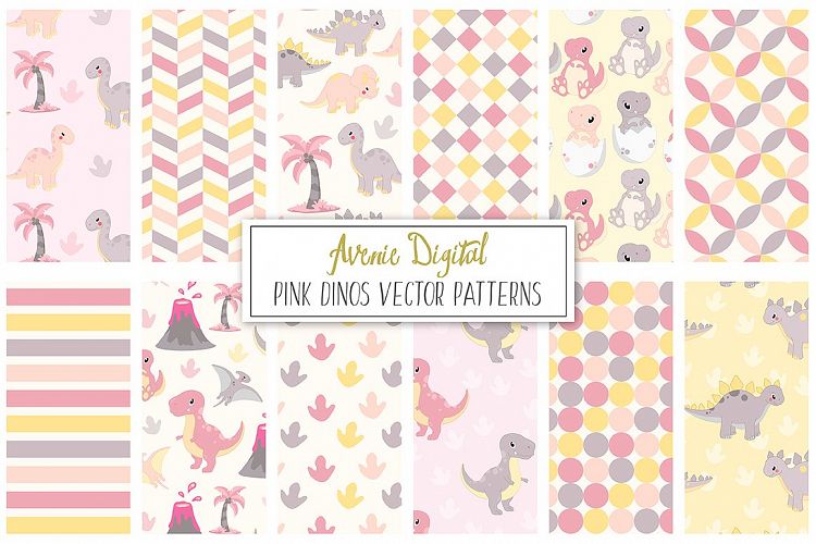 Cute Pink Dinosaur Seamless Digital Paper and Vector Patterns