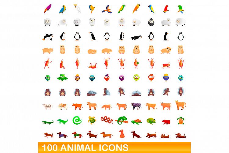 100 animal icons set, cartoon style