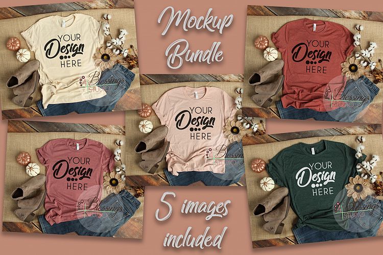 Fall Bella Canvas Mockup Bundle T Shirt Flat Lay 5 Images