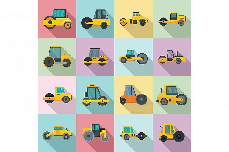 Road roller icons set, flat style