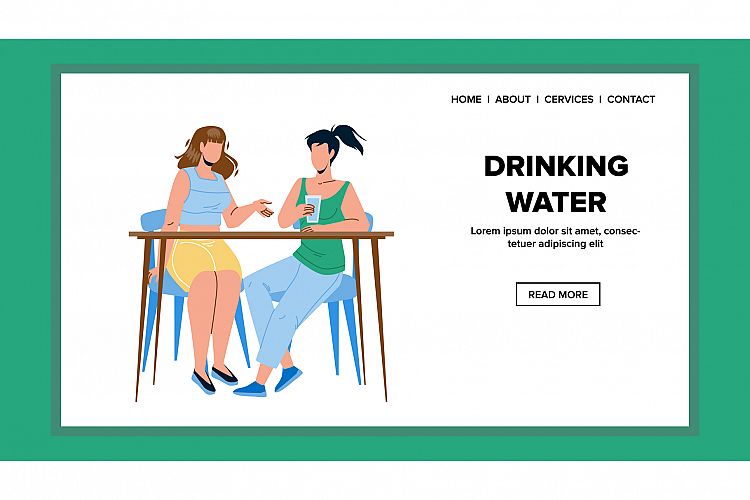 Drinking Water Girls In Cafeteria Together Vector example image 1