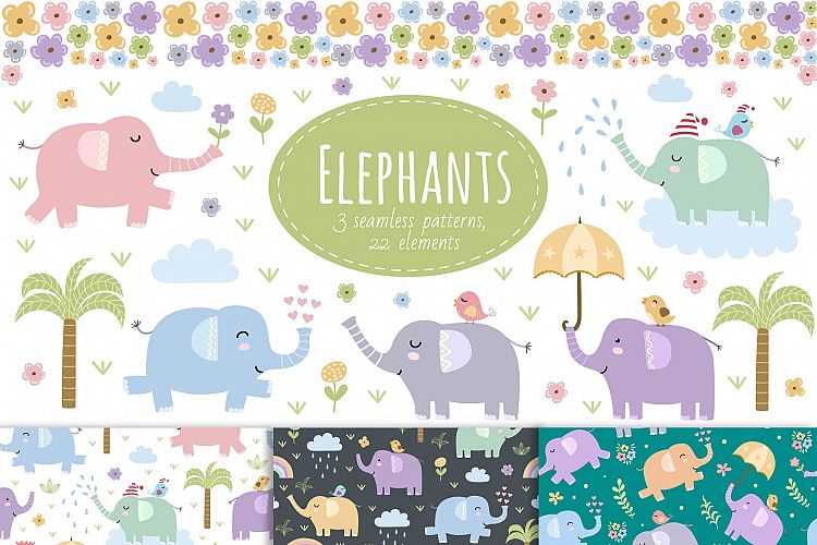 Elephants: seamless patterns & clipart example image 1