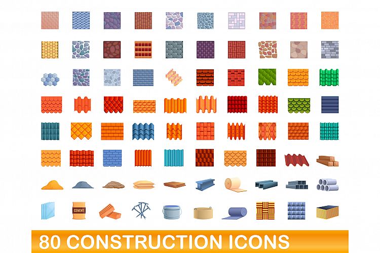 80 construction icons set, cartoon style example image 1