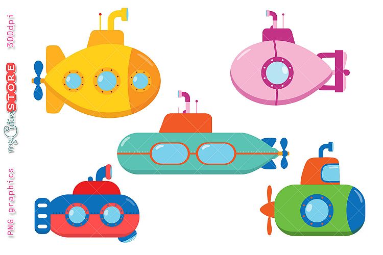 Collection of doodle submarines undersea graphics.