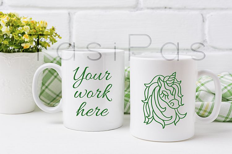 Two coffee mug mockup with yellow and green flowers