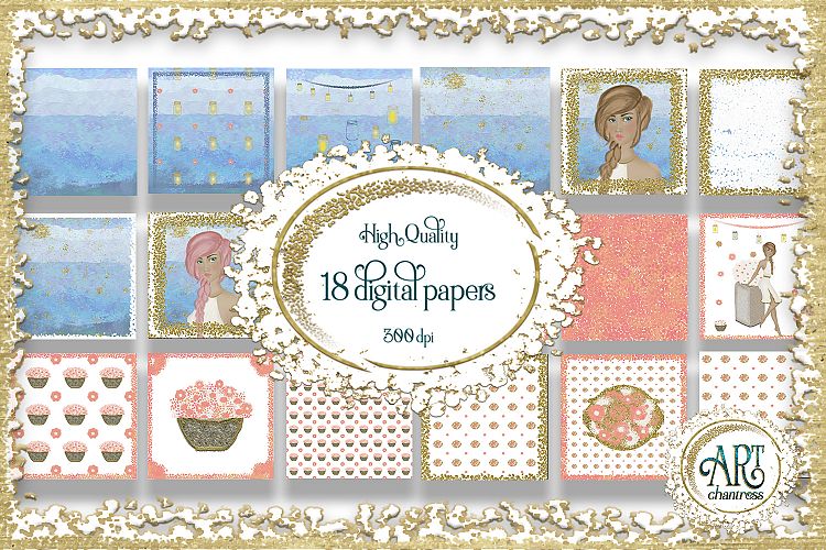 18 Digital Papers - Camping Party Clip art design , Glamping at summer nights clipart : JPEG files 12X12 INCH each