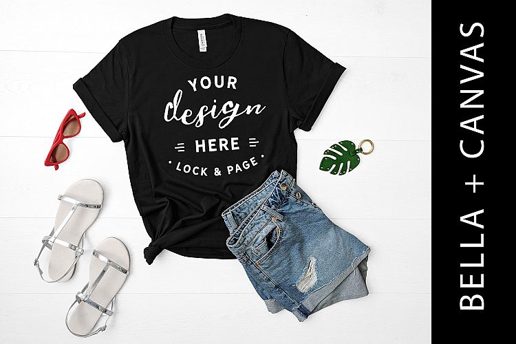 Black Bella Canvas 3001 T Shirt Mockup Flat Lay Feminine