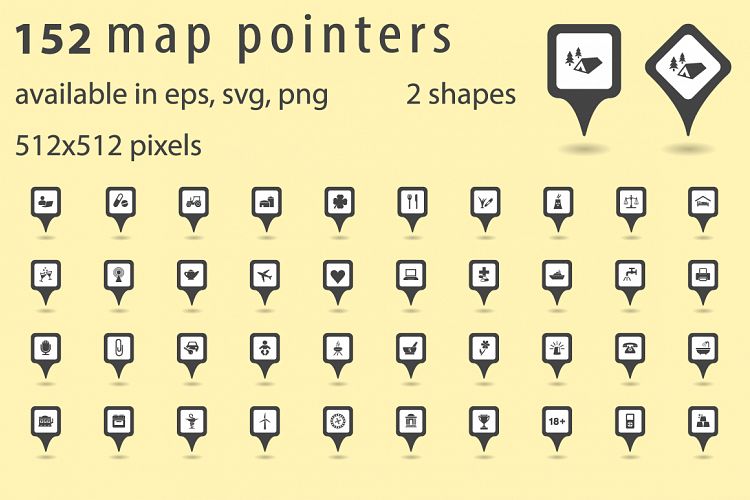 152 map pointer icons. Square and rhombus shapes