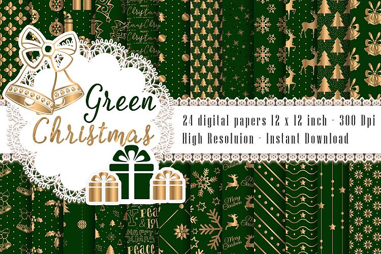 24 Luxury Green and Gold Holiday Christmas Digital Papers