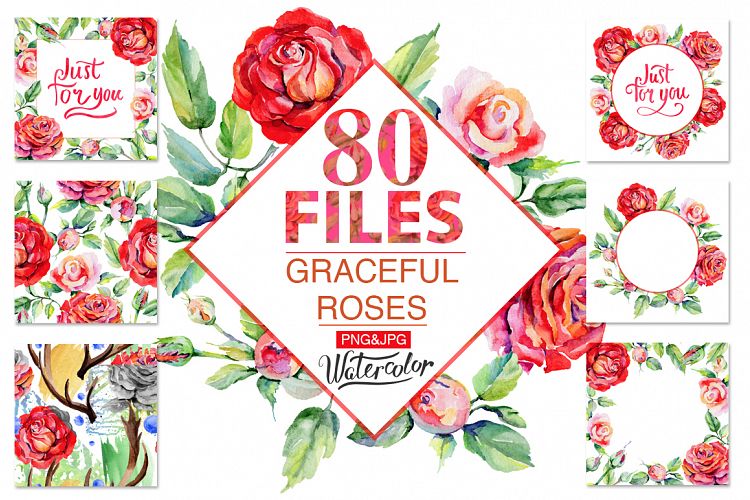 Roses PNG watercolor flower set