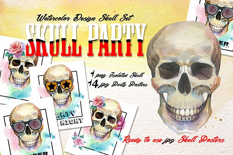 Skull party print PNG watercolor set  