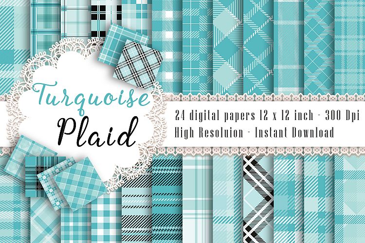 24 Turquoise Plaid Digital Papers, Tartan, Gingham, Check