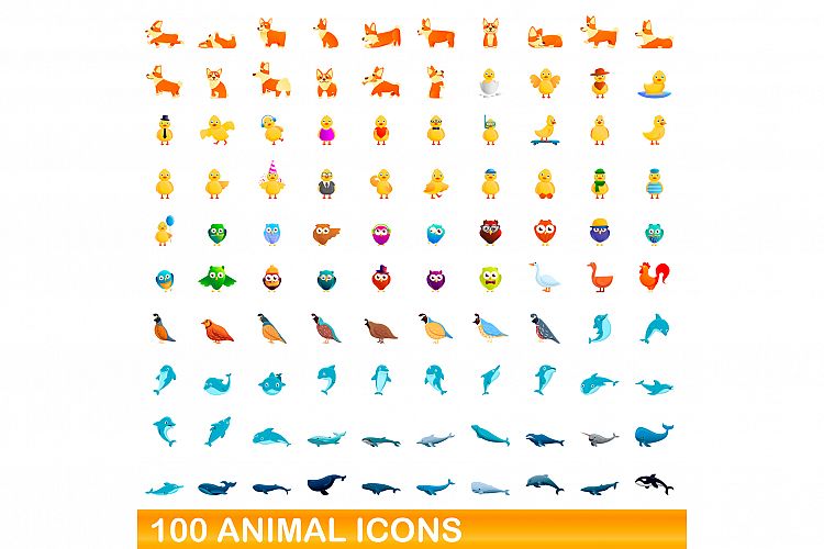 100 animal icons set, cartoon style