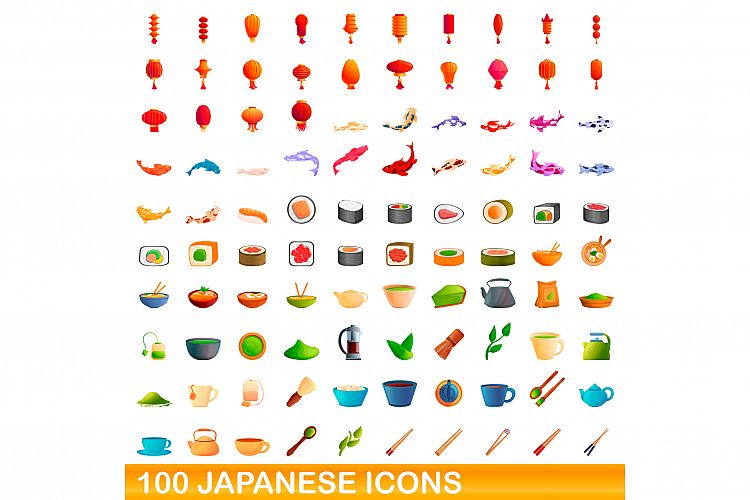 100 japanese icons set, cartoon style example image 1