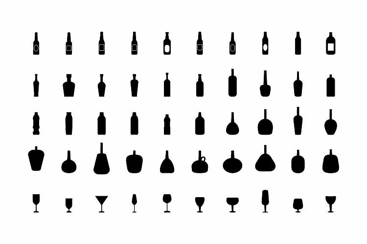 Bottles and glasses icons on white background
