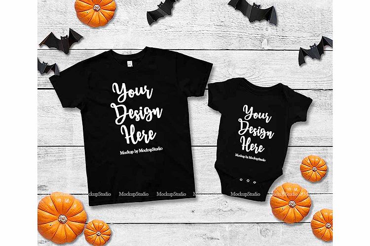 Halloween Siblings Black T-Shirt Bodysuit Mockup Flat Lay