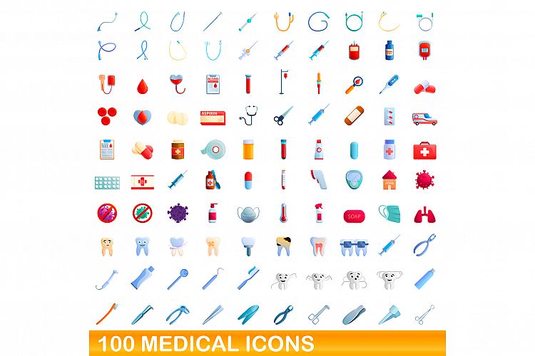 100 medical icons set, cartoon style