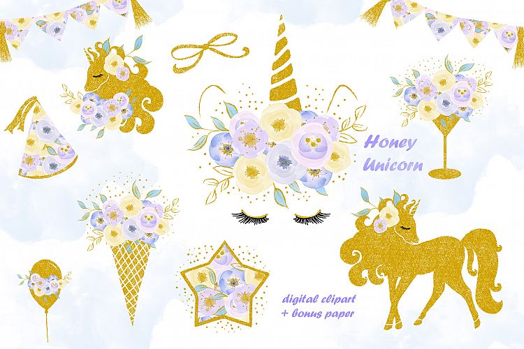 Unicorn clip art, flowers with gold