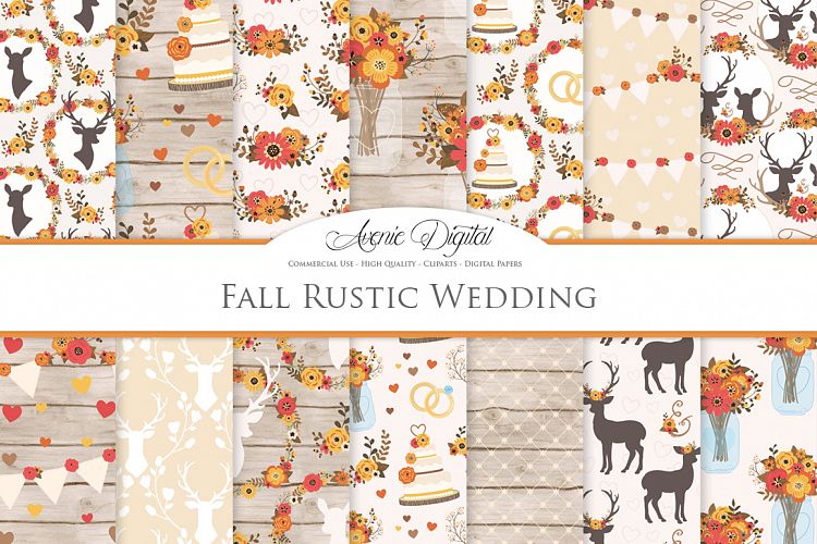 Fall Rustic Wedding Digital Paper - Autumn Rustic Deer Wedding Seamless Patterns