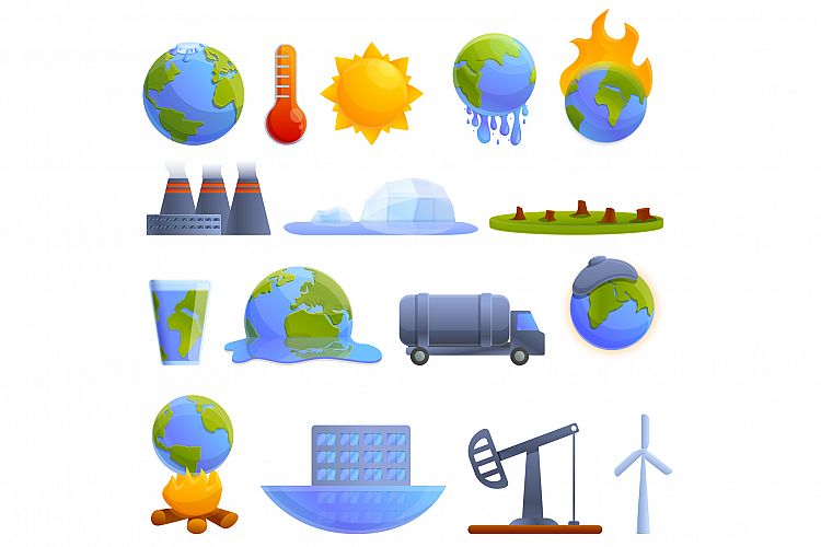 Global warming icons set, cartoon style example image 1