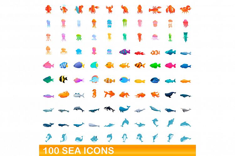 100 sea icons set, cartoon style example image 1