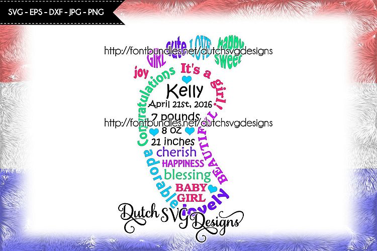 Baby girl cutting file in foot shape, in Jpg Png SVG EPS DXF for Cricut & Silhouette, baby girl svg, new born svg, glass block svg, girl svg