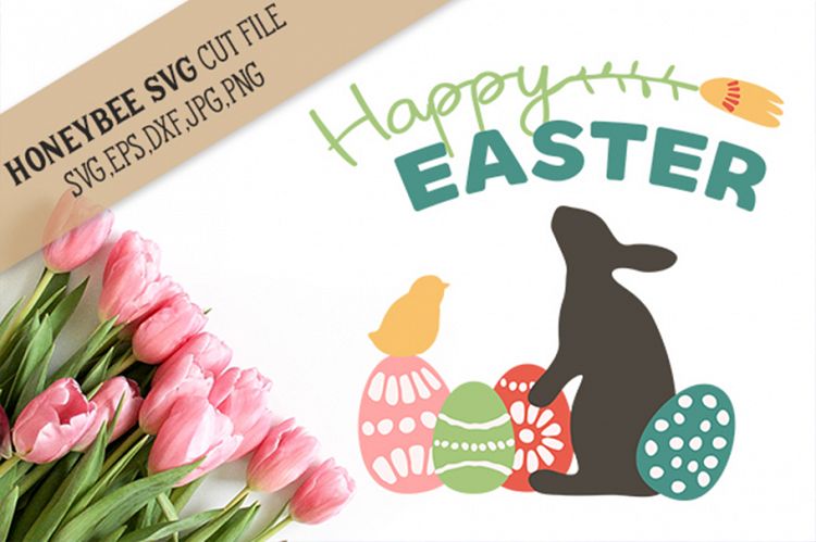 Happy Easter Bunny Chick and Eggs SVG Cut File