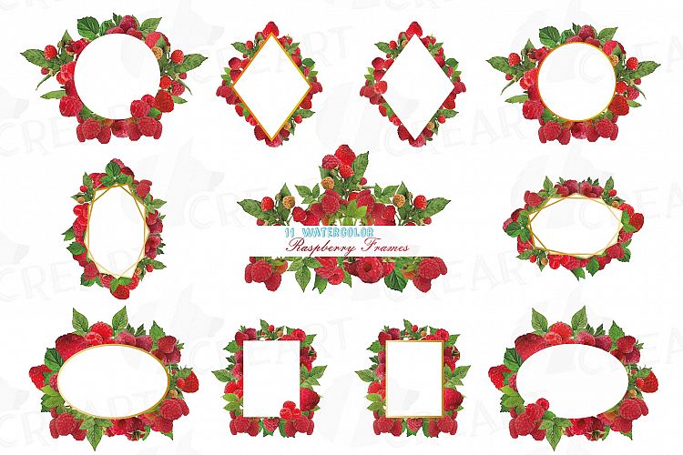 Raspberry frames watercolor clip art pack, Raspberry fruit
