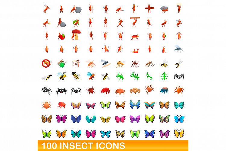 100 insect icons set, cartoon style