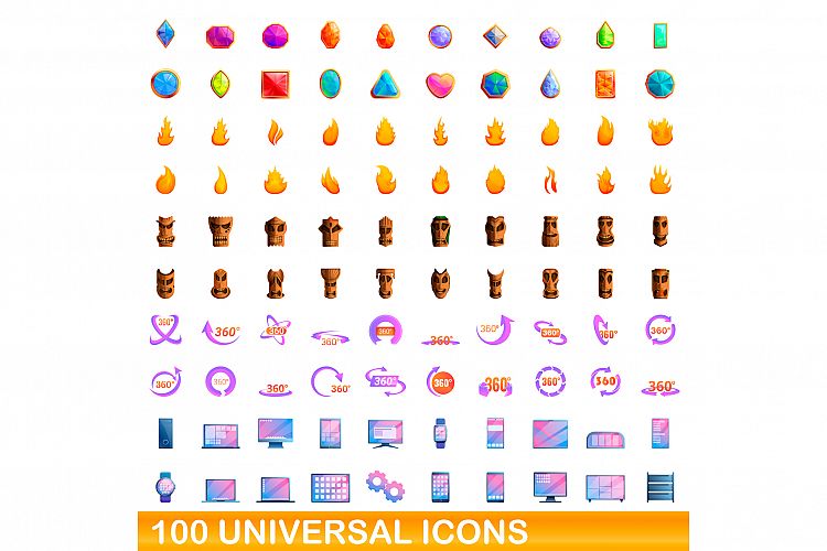 100 universal icons set, cartoon style