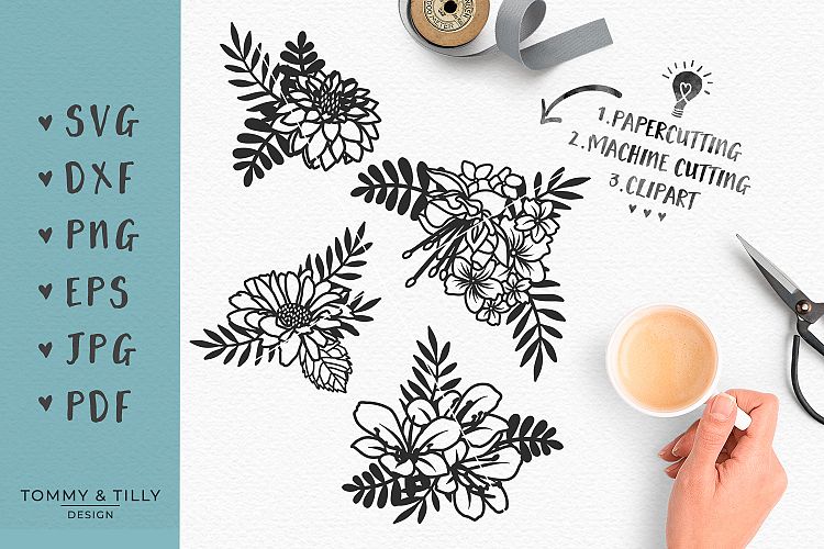 Flowers x 4 - SVG EPS DXF PNG PDF JPG Cutting File