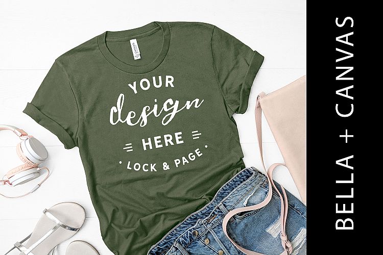 Military Green Bella Canvas 3001 T-Shirt Mockup Denim Shorts