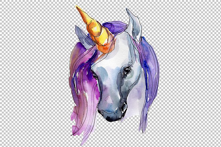Magic blue and pink unicorns PNG watercolor set