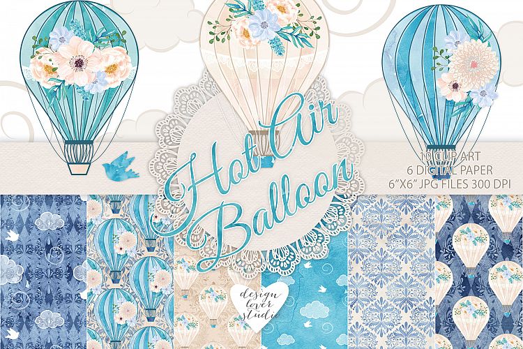 Watercolor Hot Air balloon blue beige flowers digital paper
