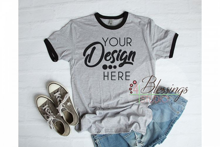 Ringer TShirt Mock up Next Level 3604 Heather Gray Black
